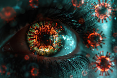 Close-up of human eye with virus cells. 3D renderingの素材