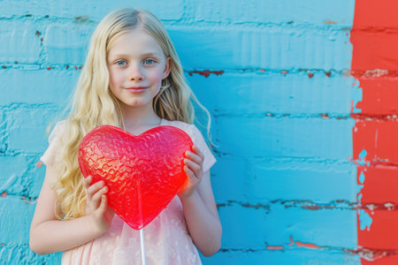 Little girl with red heart shaped lollipop on brick wall backgroundの素材