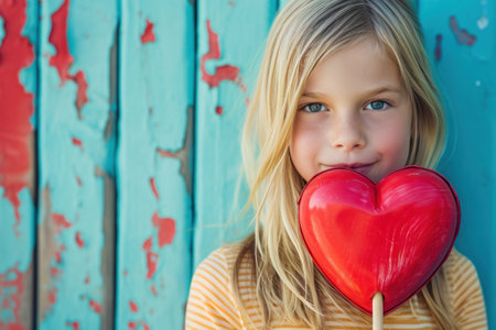 Portrait of a cute little girl holding heart shaped lollipopの素材