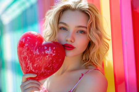 Beautiful girl with a red heart-shaped balloon in her handsの素材