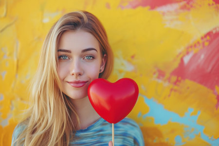 Portrait of a beautiful girl with red heart on a yellow backgroundの素材