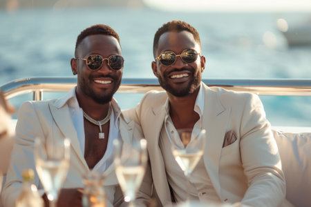 happy african american men in sunglasses with champagne glasses on yachtの素材