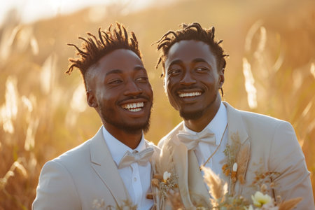 happy african american groom and bride in wheat field at sunsetの素材
