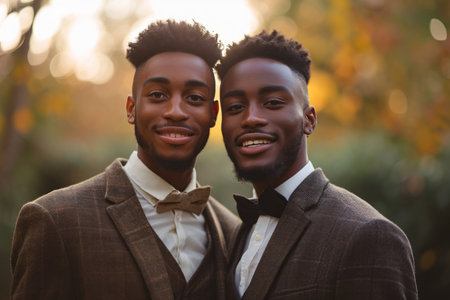 Portrait of two african american men in suits smiling at camera in parkの素材