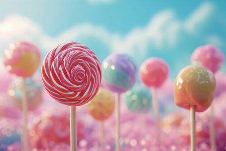 Colorful lollipops on blue sky background. 3d renderingの素材