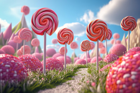 Colorful lollipops in the field. 3d illustrationの素材