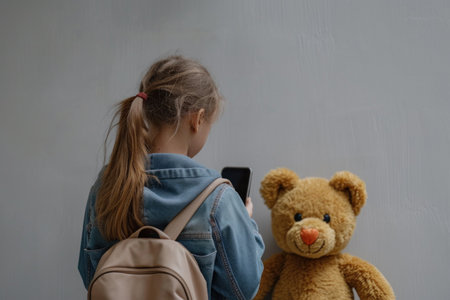 Back view of a little girl in a denim jacket with a backpack and a teddy bear on a gray background.の素材