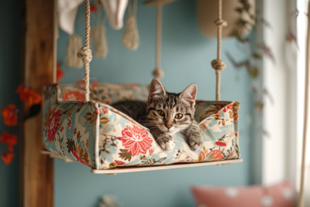 Cute little kitten hanging on swing in room, space for textの素材