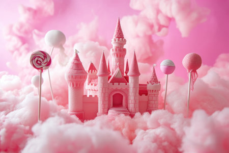Pink fairy tale castle with lollipops and clouds on pink backgroundの素材