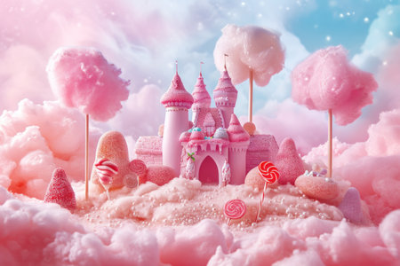 Fairytale castle with pink clouds and lollipops. 3d renderingの素材