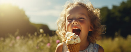 Cute little girl eating ice cream in summer field. Happy child having fun outdoor.の素材