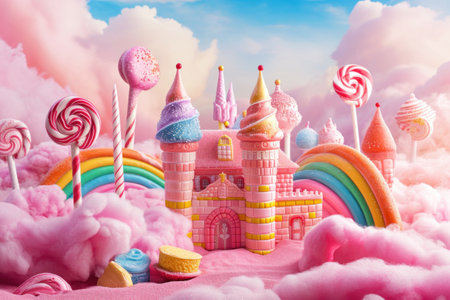Fairytale castle with rainbow and sweets on pink background. 3d renderingの素材