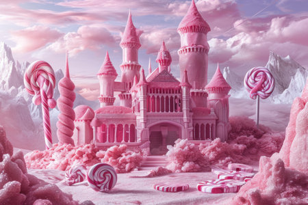 Pink castle with lollipops in the snow. 3d renderingの素材