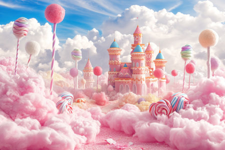 Fairytale castle with pink clouds, lollipops and candyの素材