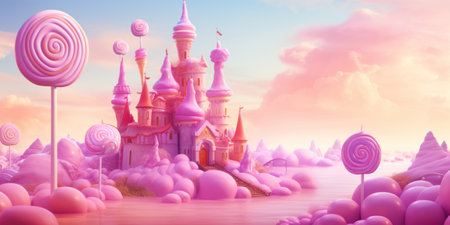 Fantasy landscape with fantasy castles and sweets. 3d illustration.の素材