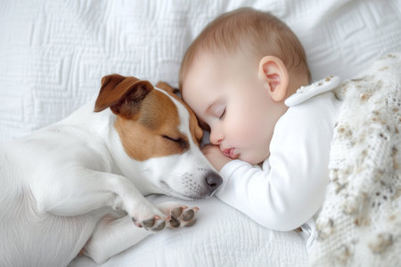 Cute little baby boy sleeping with dog on white bed at homeの素材