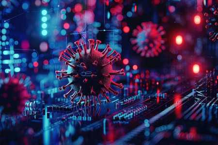 Scene with a digital blueprint of Virus X created using advanced medical virology technology, conveying a sense of precision and technological sophisticationの素材