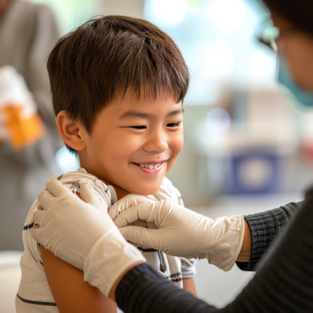 Little asian boy having his throat examined by a pediatrician.の素材