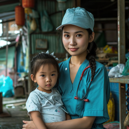 Asian mother and her little daughter in a stethoscope at homeの素材