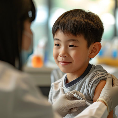 Little boy getting vaccination at the doctor's office. Vaccination concept.の素材