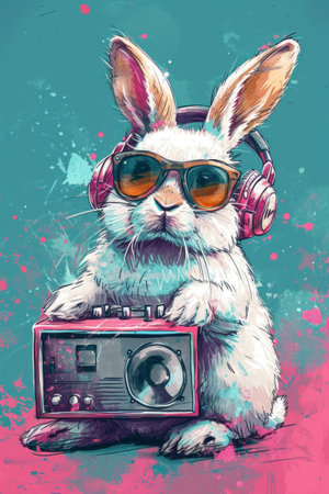 Rabbit listening to music with headphones. Hipster style illustration.の素材