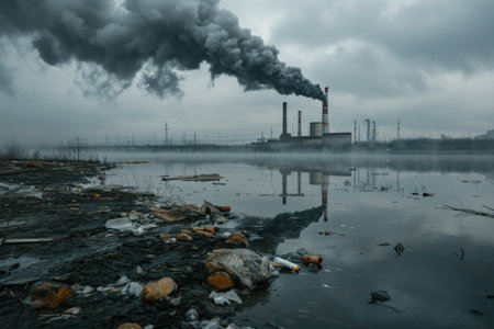 Pollution from the pipes of the power plant pollute the environmentの素材