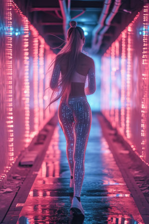 Beautiful young woman in neon lights on the bridge over the riverの素材