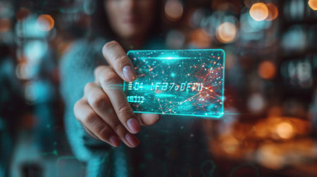 Businessman on blurred background using digital holographic 3D rendering chipの素材