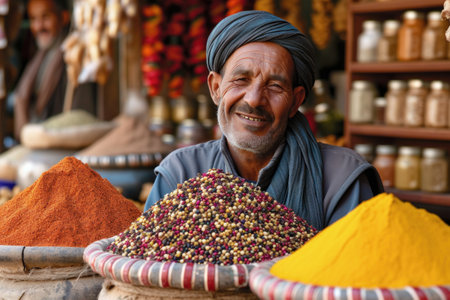 Indian man selling spices at the market in Jodhpur, Rajasthan, India.の素材