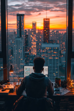 Back view of a young man working on a laptop in an office at sunsetの素材