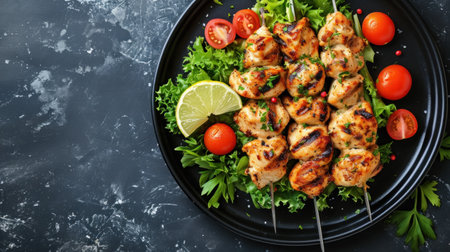 Chicken kebab on skewers with greens and cherry tomatoes on a dark background.の素材