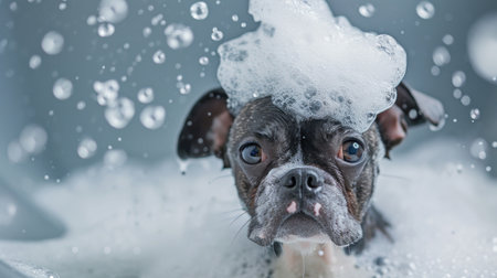 French bulldog taking a bath in the bathtub with foam.の素材