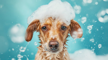 Funny dog taking a shower with soap foam on blue background.の素材
