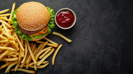 Cheese burger - American cheese burger with Golden French fries and ketchupの素材