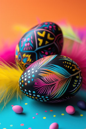 Colorful easter eggs with feathers and confetti on colorful backgroundの素材