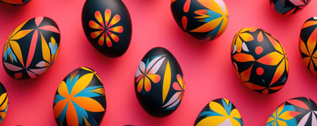 Colorful easter eggs pattern on pink background. Happy Easter.の素材