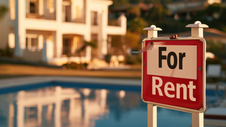 For rent sign in front of luxury house with swimming pool at sunsetの素材