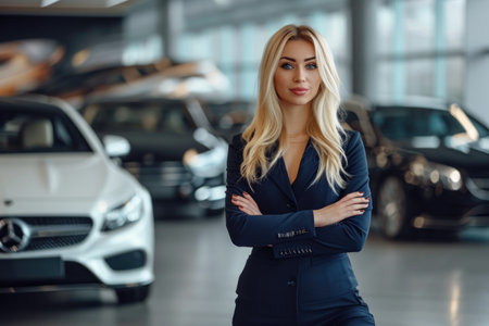 Confident business woman standing with arms crossed in car showroom.の素材