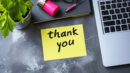 Thank you text on yellow sticky note with laptop and stationery on grey backgroundの素材