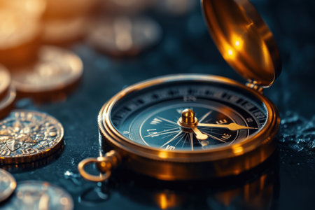 Compass and coins on a dark background close-up. The concept of finding the right direction.の素材