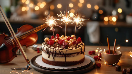 Beautiful birthday cake with burning sparklers and berries on table indoorsの素材