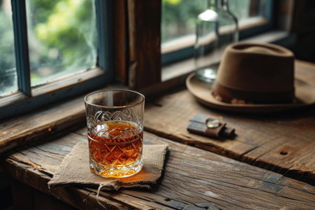 A glass of whiskey and a hat on a wooden table near the windowの素材