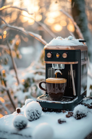 Coffee machine and coffee cup on a background of winter forestの素材