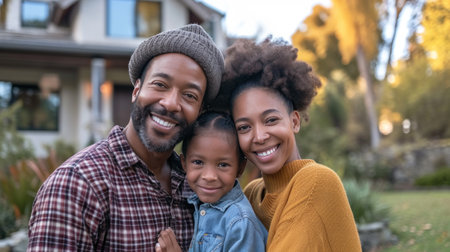 Portrait of happy african american family standing in front of houseの素材
