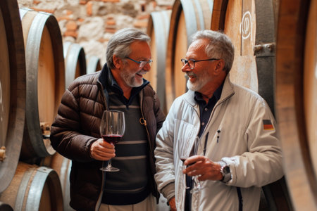 Portrait of senior couple drinking red wine in winery cellar.の素材