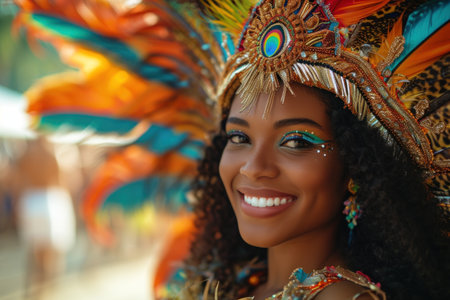 Portrait of a beautiful African American woman in a colorful headdressの素材