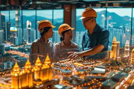 Engineer and Architect working on construction site with building model at night.の素材