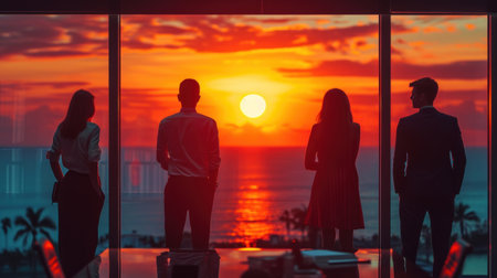 Silhouette of business people standing in front of the window and looking at the sunsetの素材