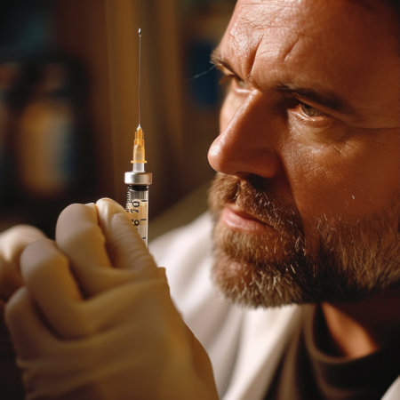 Close-up portrait of a bearded doctor with a syringe.の素材