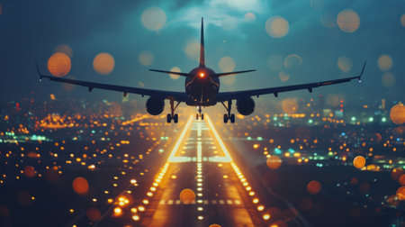 Airplane flying over the runway at night. Business and transportation concept.の素材
